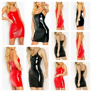 Damen Slinky PVC Leder Nasslook Vinyl Nachtclub Mini Bodycon Kleid - Bild 1 von 3