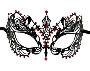 Black Ruby Red Crystal Laser Cut Venetian Mask Masquerade Metal Filigree - Picture 1 of 2