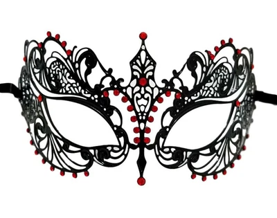 Black Ruby Red Crystal Laser Cut Venetian Mask Masquerade Metal Filigree - Image 1 of 2