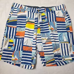 NAUTICA Blue Sail Linen Blend Classic Fit Short Men Sz 36W Nautical Sailboat AOP - Picture 1 of 8