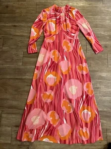 True Vintage Edith Flagg-60’s Pink/Orange/Red/White Long-Sleeve Maxi Dress S/4/6 - Picture 1 of 18