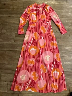 Maxi Vestido Manga Larga True Vintage Edith Flagg-60’s Rosa/Naranja/Rojo/Blanco S/4/6 Foto 1 de 4