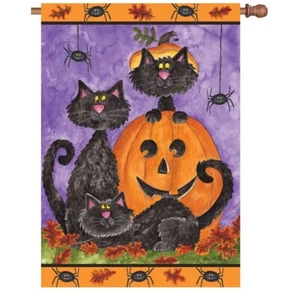 Halloween Three Black Cats and Spiders Pumpkin House Flag Premier 28x40 - Picture 1 of 1