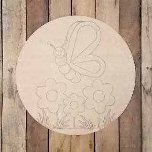 Spring Butterfly and Flowers Circle, Wall Wood Art Craft Shape Paint by Line - Picture 1 of 1
