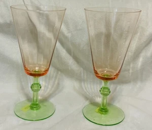 Vintage HC Fry Hand Blown Art Glass Wine Glasses 7” H 3 1/4”D Watermelon Optic - Picture 1 of 7