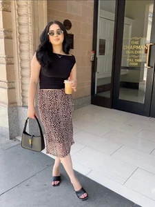 Women's Midi length Leopard Print Skirt Soft Stretch Mesh Casual Basic - Picture 1 of 2