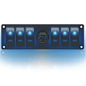 12V LED Illuminate Rocker Switch Panel 6 Gang Circuit Breaker Marine & Voltmeter - Foto 1 di 5