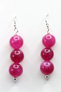 Ruby Jade Fuchsia Pink 10mm Ball Dyed Gemstone .925 Sterling Silver Earrings - Picture 1 of 2
