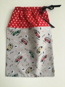 Fabric gift bag Racing car drawstring Shoes toys nappies Reuse Handmade - Picture 1 of 5
