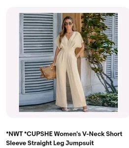 *Neu mit Etikett* CUPSHE Damen V-Ausschnitt Kurzarm weites Bein Jumpsuit Taschen - Gr. M - Bild 1 von 9