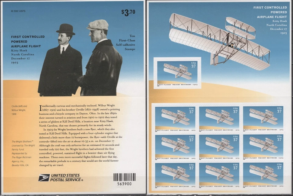SC# 3783 - 37¢ First Powered Flight Centenary Booklet/Pane of 10 Stamps - Image 1 of 1