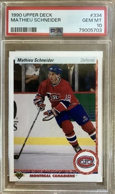 1990 UPPER DECK #334 MATHIEU SCHNEIDER Rookie Card PSA 10 CANADIENS Legend - Image 1 of 2