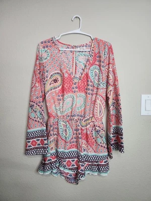 Red Camel Vneck Long Sleeve Romper Size Small Boho Multicolor - Image 1 of 4