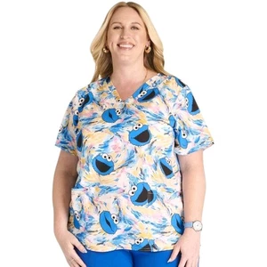 3 XL Cookie Monster Cherokee Scrubs Tooniforms Sesame Street V Neck Top TF738 - Picture 1 of 5