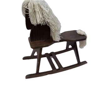 Vintage Unisex Kids Brown Wooden White Haired Portable Rocking Horse Classic! - Picture 1 of 11