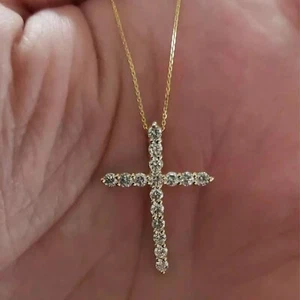 Women's Cross Pendant 1Ct Round Cut Lab Grown VS-FG Diamond 10k Yellow Gold 18" - Picture 1 of 9