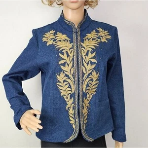 VTG Entice Blazer Navy Jacket Denim Look Gold Embroidered Sz S Artsy Whimsy - Picture 1 of 9