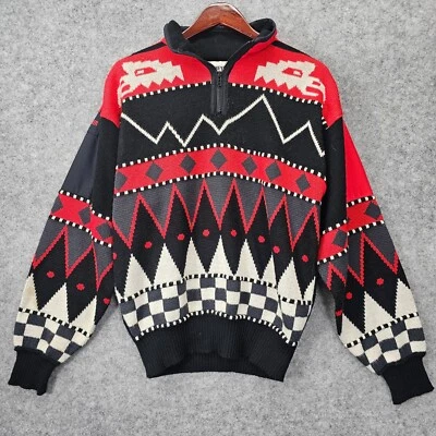 Vintage 90s Sweater Mens M Black Red Fair Isle Ski Apres Nordic OBERMEYER Aztec - Image 1 of 4