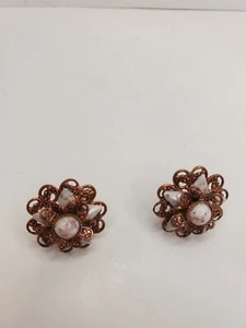 Vintage Copper & White Stone Floral Cut Screw Back Earrings - Picture 1 of 4