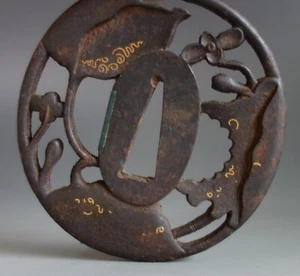 Tsuba guard Hollyhock Begonia openwork inlay Samurai katana Sword fitting Edo - Picture 1 of 6