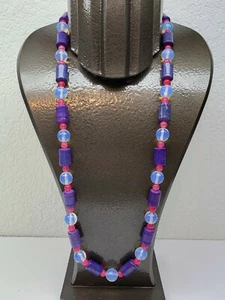 PURPLE MAGNESITE OPALITE AND PINK JADE OOAK MATINEE BEADED NECKLACE 26" - Picture 1 of 9