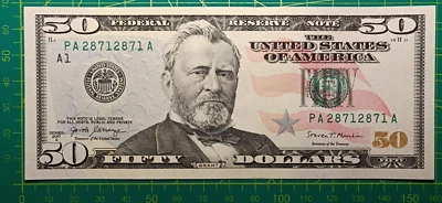 BINARY RADAR Serial Number $50 FRN 2017 A, PA 28712871 A, UNCIRCULATED condition - Image 1 of 4
