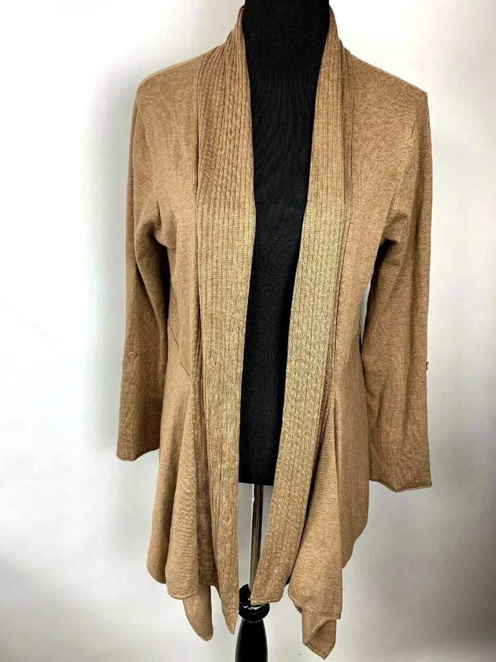 Suéter Coldwater Creek M Frente Abierto Drapeado Marrón Tostado Convertible Manga con Pestaña Foto 1 de 4