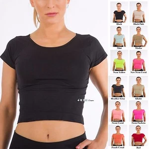 Solid Plain Scoop Neck Basic Short Sleeve Cropped Belly Tee Shirts Top T-Shirt - Picture 1 of 18