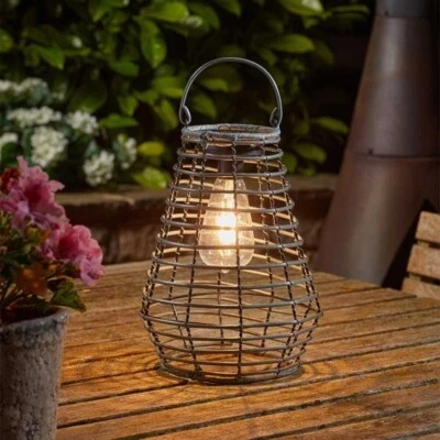 Solar LED Lantern Hanging Garden Light Outdoor Lighting Rattan Effect 27cm Grey - Image 1 of 4