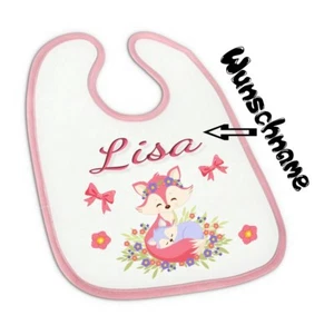 Baby Lätzchen mit Wunsch-Name süßer Fuchs für Mädchen in rosa - Bild 1 von 1