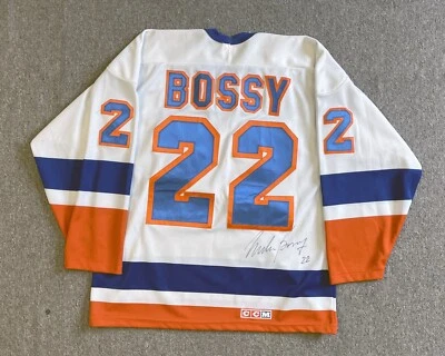 Camiseta deportiva firmada por Mike Bossy de los New York Islanders cosida réplica automática con holograma B&E Foto 1 de 4