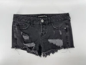 Express Cut Off Fringe Stretch Jean Shorts Womens Size 2 Gray Distressed Denim - Picture 1 of 8