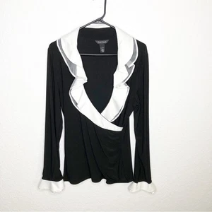 WHBM schwarz weiß Rüschenbesatz Faux Wickel Top Größe Large - Bild 1 von 14