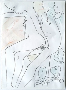 Disegno disegno a penna inchiostro coppia nudo erotico colore Edvard Frank eredità - Foto 1 di 9