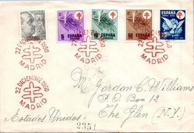 SPAIN 1950 POSTAL COVER TUBERCULOSIS FUND ISSUES ADDR USA SPECIAL CANC MADRID - Image 1 of 2