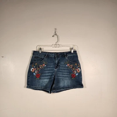 EARL JEAN Denim Shorts Womens 12 Blue Multi Floral Embroidered Boho Festival  - Image 1 of 4
