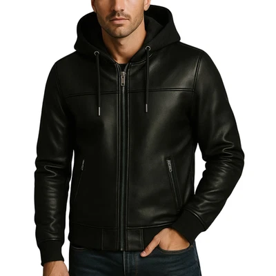 Black Genuine Leather Jacket for Men with Fleece Hood –Stylish Warm Biker Jacket - Image 1 of 4
