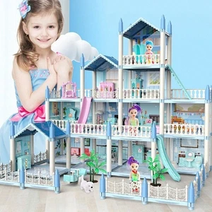 Plastic Assembled Toy House Blue Princess Villa Creative Doll Houses Toy - Picture 1 of 17