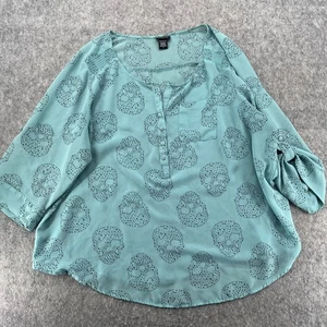 Torrid Blue Black Starry Skull Chiffon Roll Tab Sleeve Top 2 - Picture 1 of 10