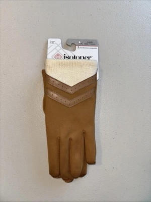 Isotoner Brown Gloves Cream Knit/Brown Faux Leather Trim Touchscreen L/XL - Image 1 of 4