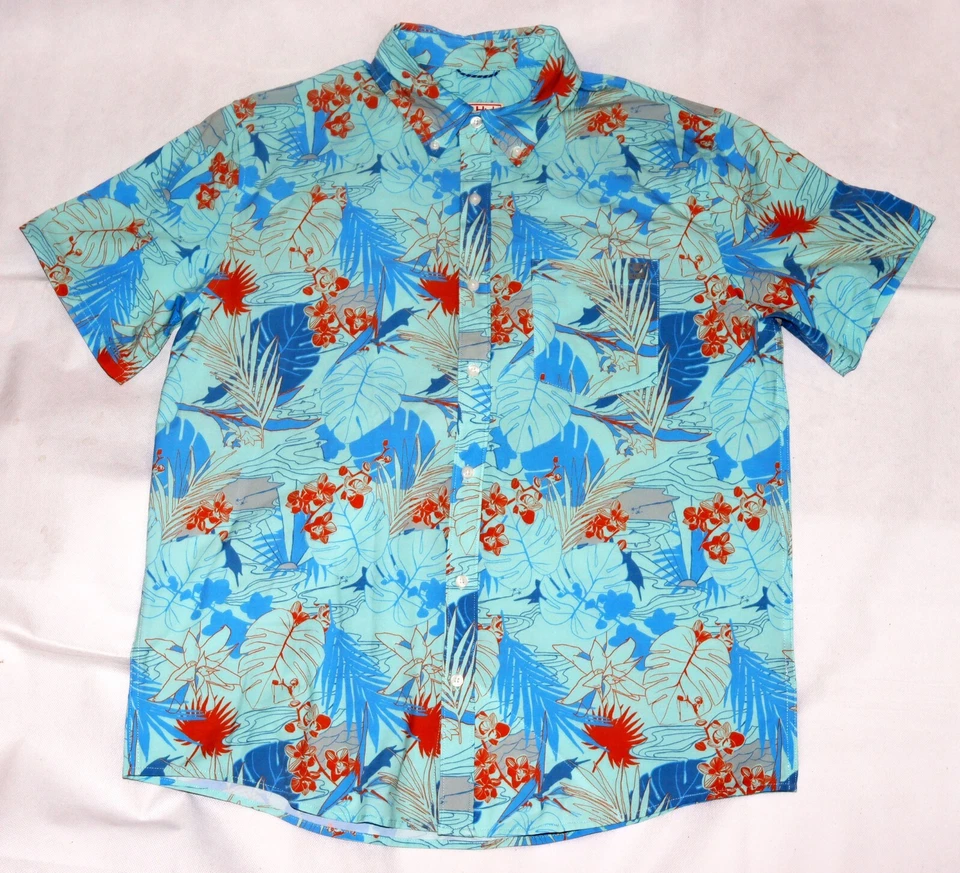 Camisa de pesca masculina botânica radical manga curta botão para baixo Huk Kona tamanho grande - Imagem 1 de 4