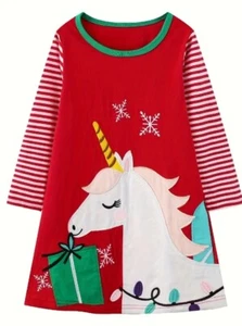 NEW Christmas Unicorn Girls Red Long Sleeve Tunic Dress - Picture 1 of 6
