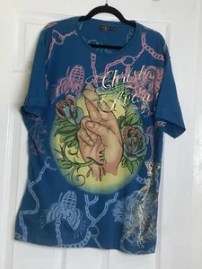Camicia blu Christian Audigier incrocio dita Los Angeles strass 2XL 46" - Foto 1 di 7