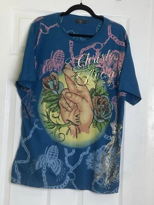 "Camisa azul Christian Audigier cruzando dedos Los Ángeles estrás 2XL 46""" Foto 1 de 4