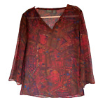 Additions By Chicos Womans Sheer V Neck Long Sleeve Top Red Multi Size Medium 1