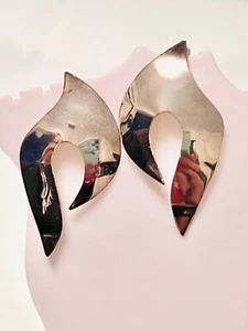 MEXICO*ALPACA 925 SS~2” MODERN/ABSTRACT~HIGH POLISHED POST EARRINGS~6 GRS - Picture 1 of 10
