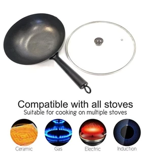 Iron Wok with Lid 13" Pre-Seasoned Flat Bottom Stir Fry Pan KW01 - Picture 1 of 12