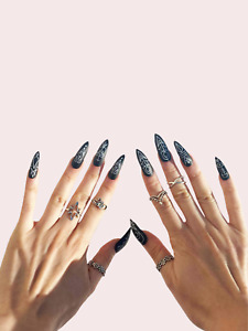 Black Design Gothic Press On Nails Long Coffin 24pcs with Glue Kit