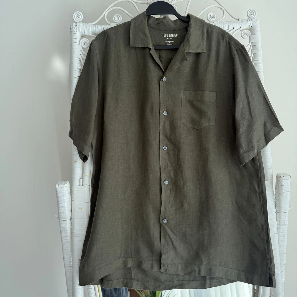 Todd Snyder Shirt Men Large Olive Portuguese Linen Camp Loop Collar Short Sleeve - Image 1 of 4