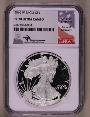 Soporte firmado Silver Eagle NGC PF70 2010-W Ultra Cameo Mercanti Foto 1 de 4